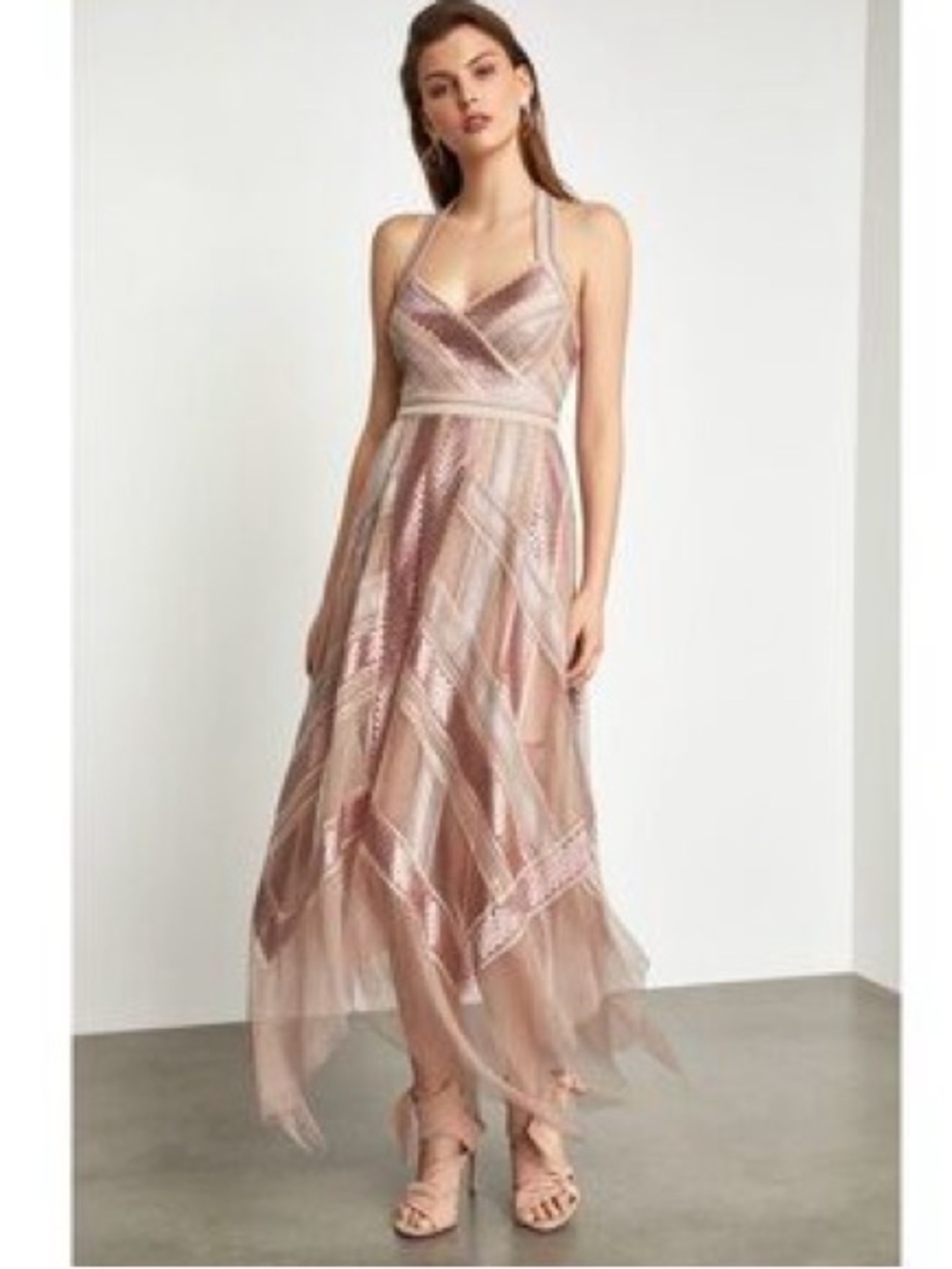 (M)BCBGMAXAZRIA Andi Handkerchief Dress Sz 2,Rose gold metallic